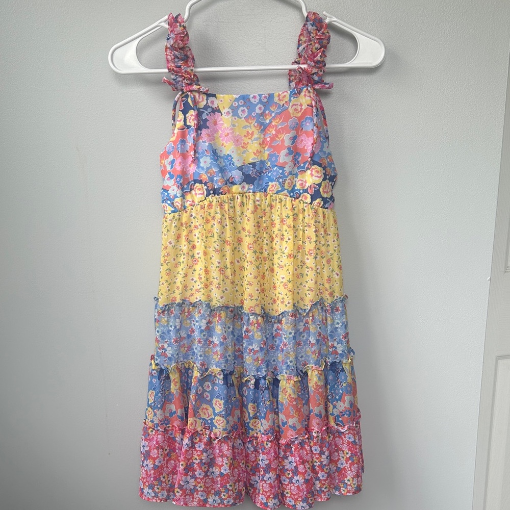 Jona Michelle Pink Blue Yellow Floral Tiered Sundress